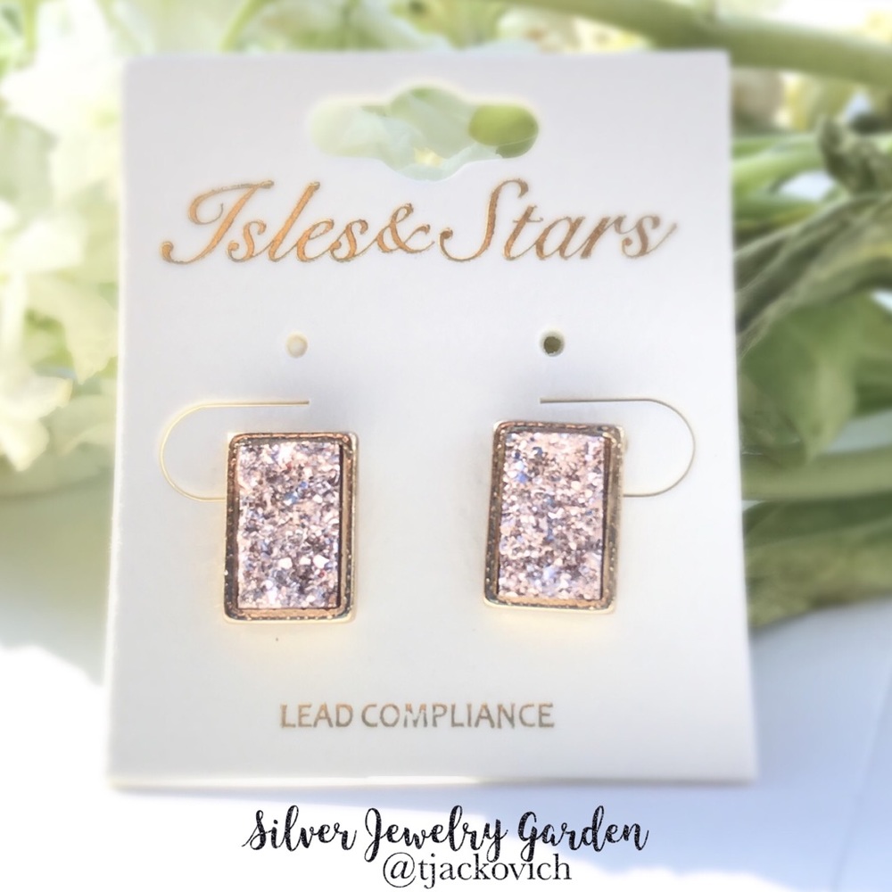 SALE: Pink Druzy Rectangle Stud Earrings
